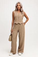 Linen V-Neck Vest & Trouser Co-ord — Khaki