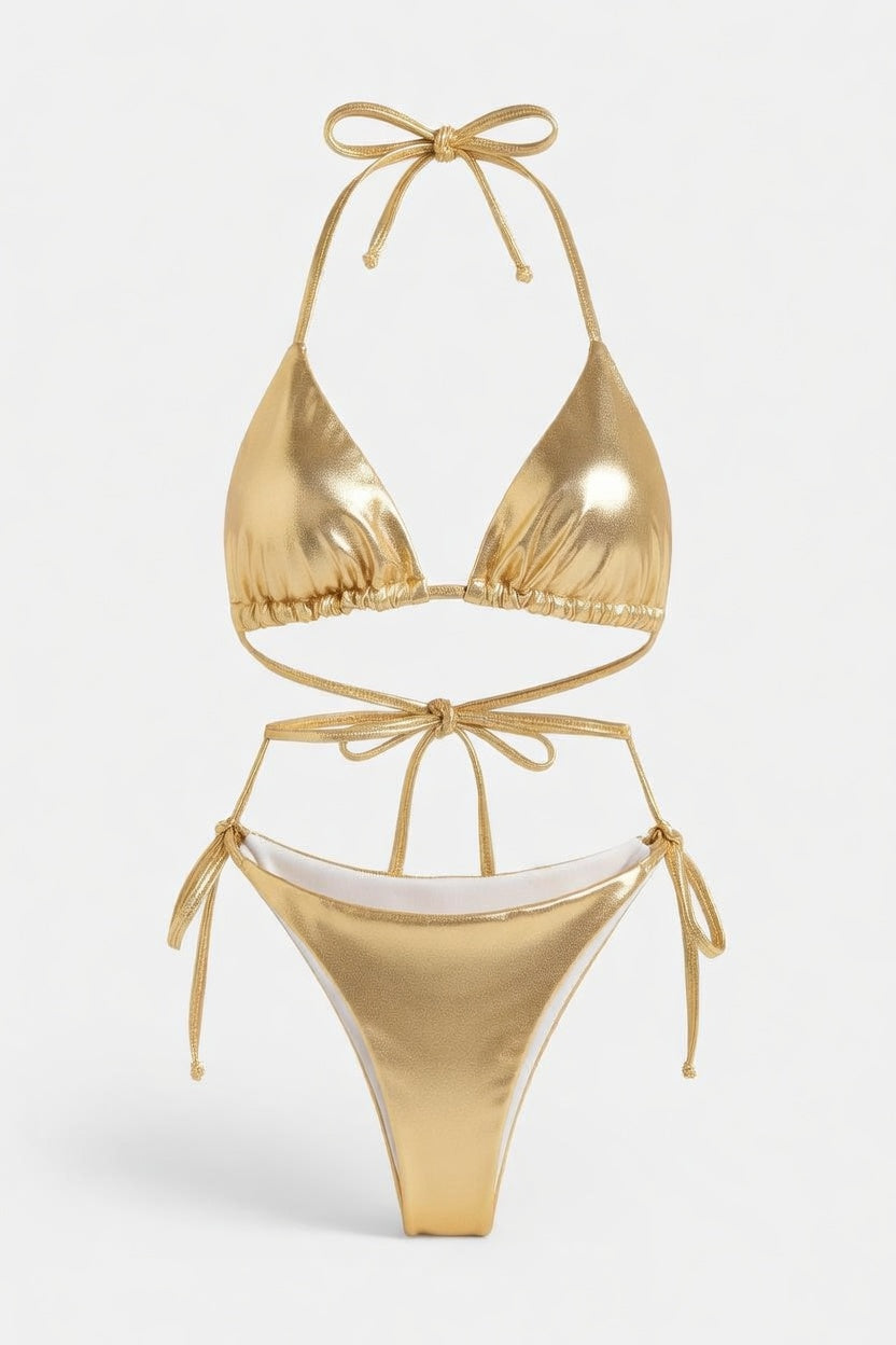 Lace-Up Bikini Set — Gold Foil