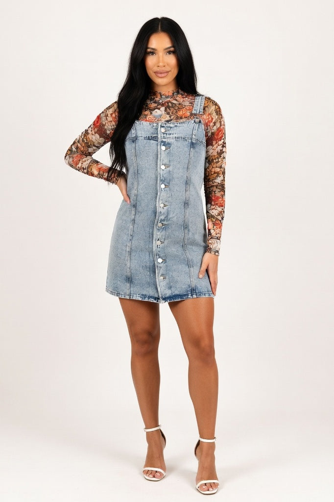 Distressed Denim Halter Dress — Light Blue