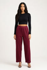 High-Waisted Straight Leg Trousers — Burgundy