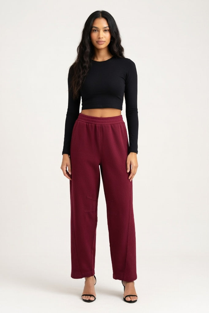 High-Waisted Straight Leg Trousers — Burgundy