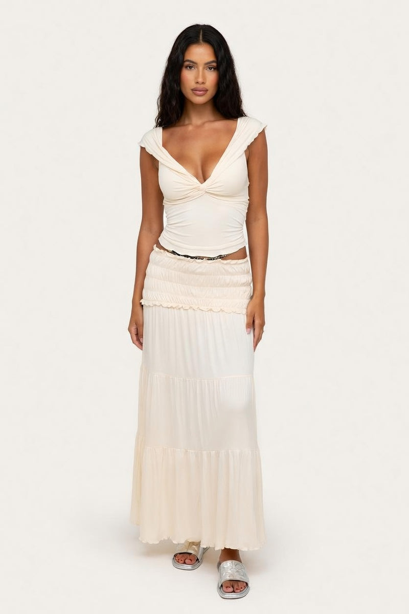 V-Neck Vest & Pleated Skirt Co-ord — Apricot Top