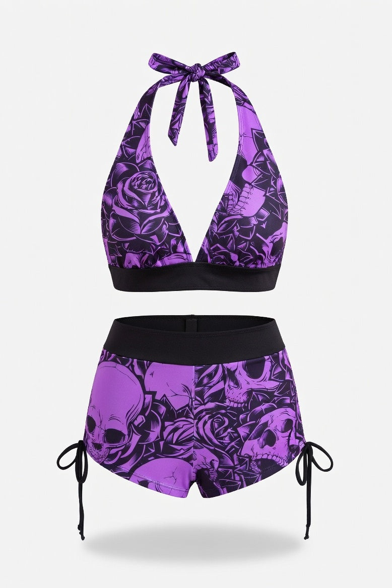 Skull Print One-Piece Swimsuit — Purple