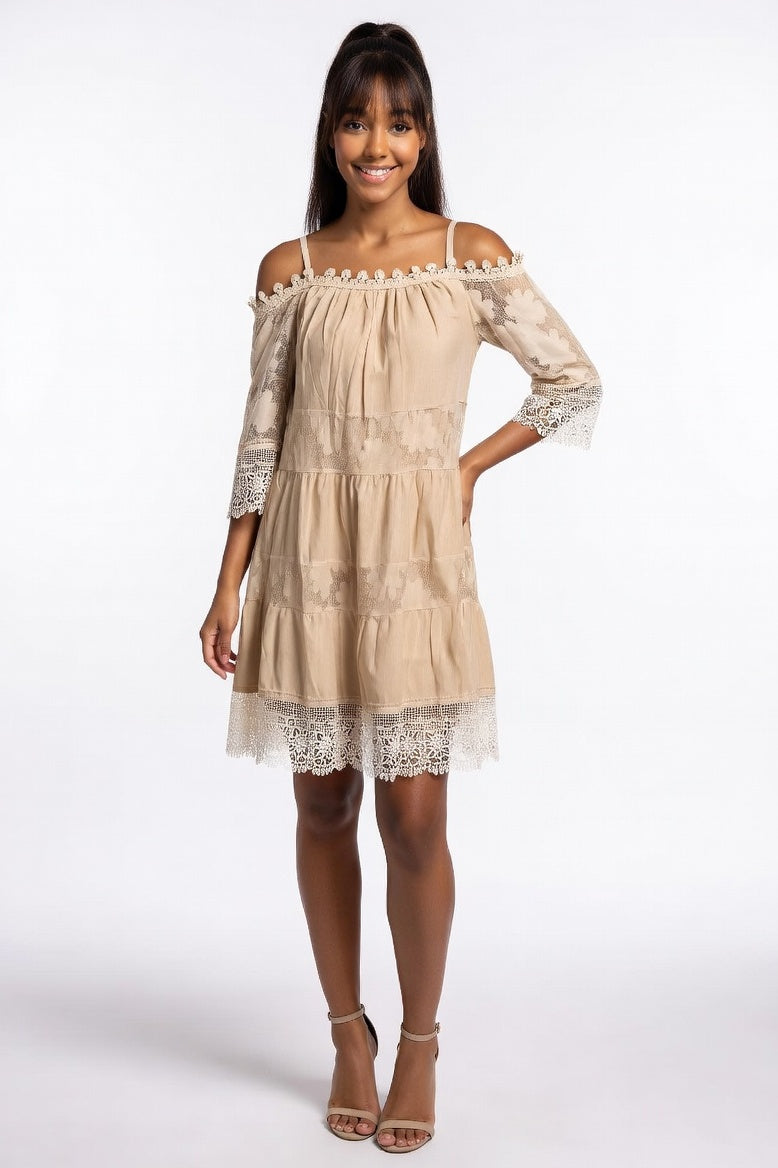 Lace Off-Shoulder Dress — Khaki