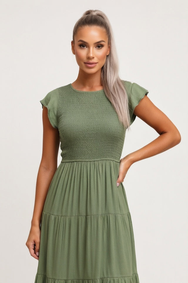Tiered Mini Dress with Flutter Sleeves — Green