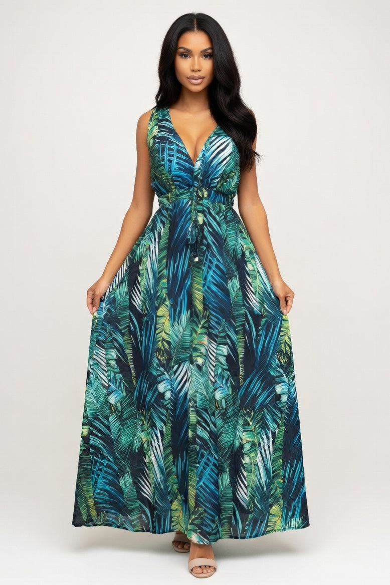 Open Back Print Dress — Green