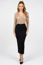 Draped Deep V Midi Dress — front view