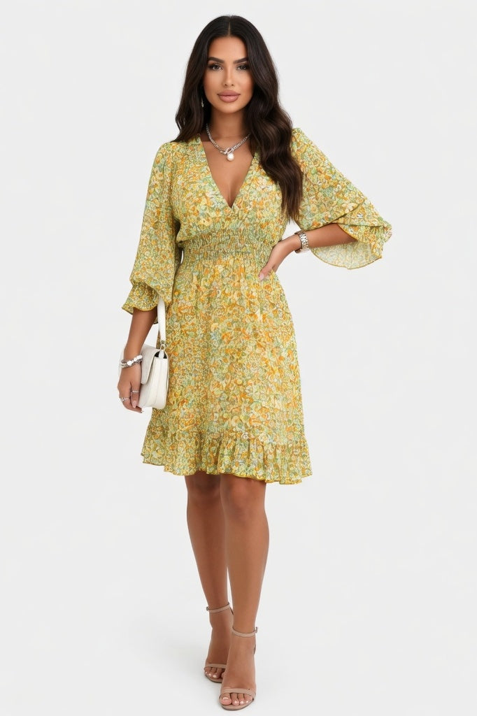 V-Neck Chiffon Pleated Dress — Yellow