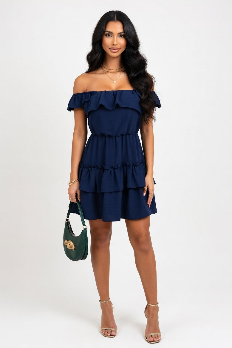 Ruffle Midi Dress — Navy Blue