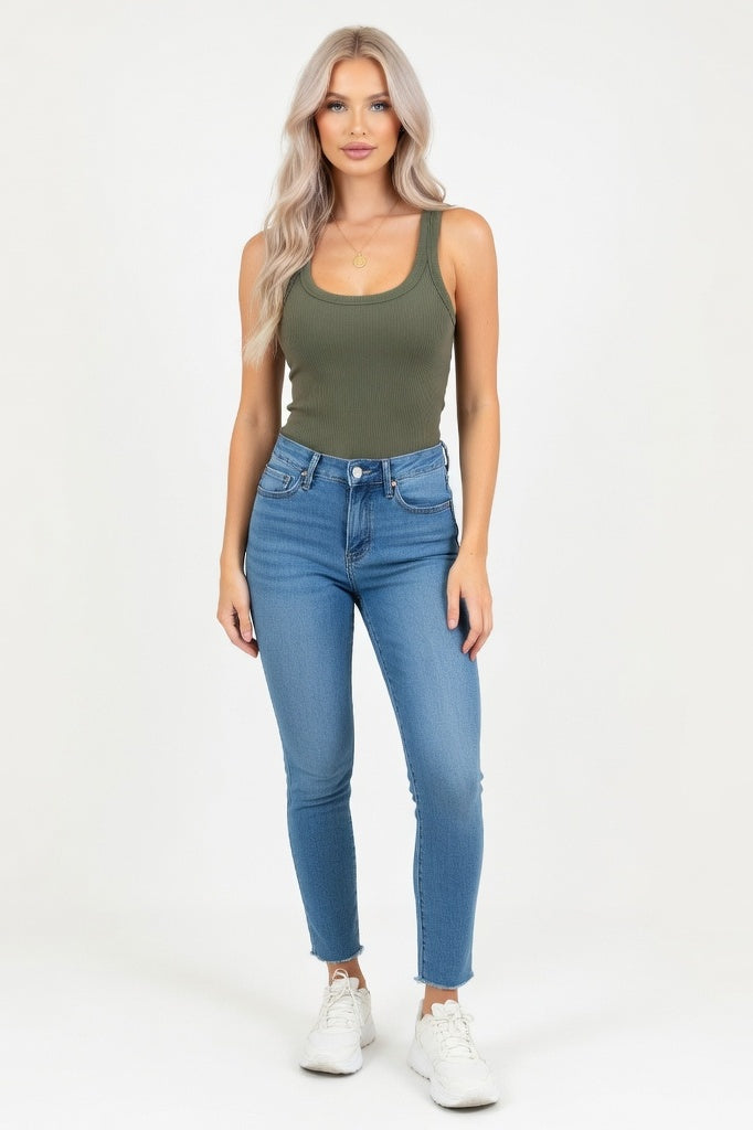 Cotton Blend Round Neck Vest — Green