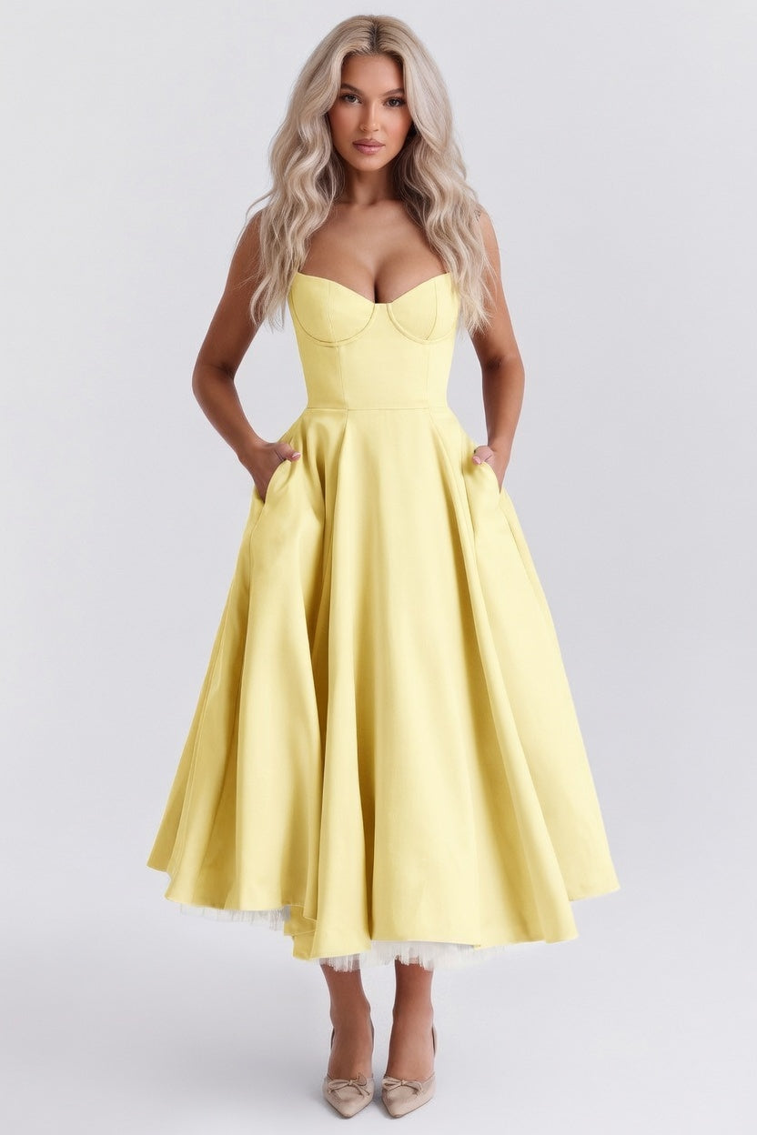 Mesh Double Layer Halter Dress — Yellow