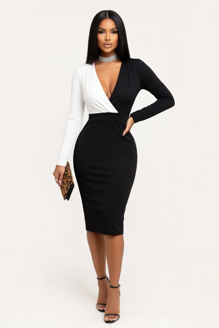 Draped Deep V Midi Dress — White