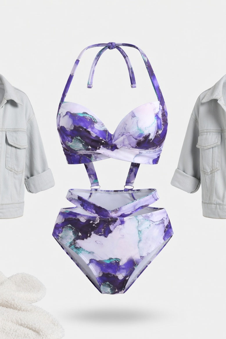 Underwire High Waist Bikini Set — Purple Marble