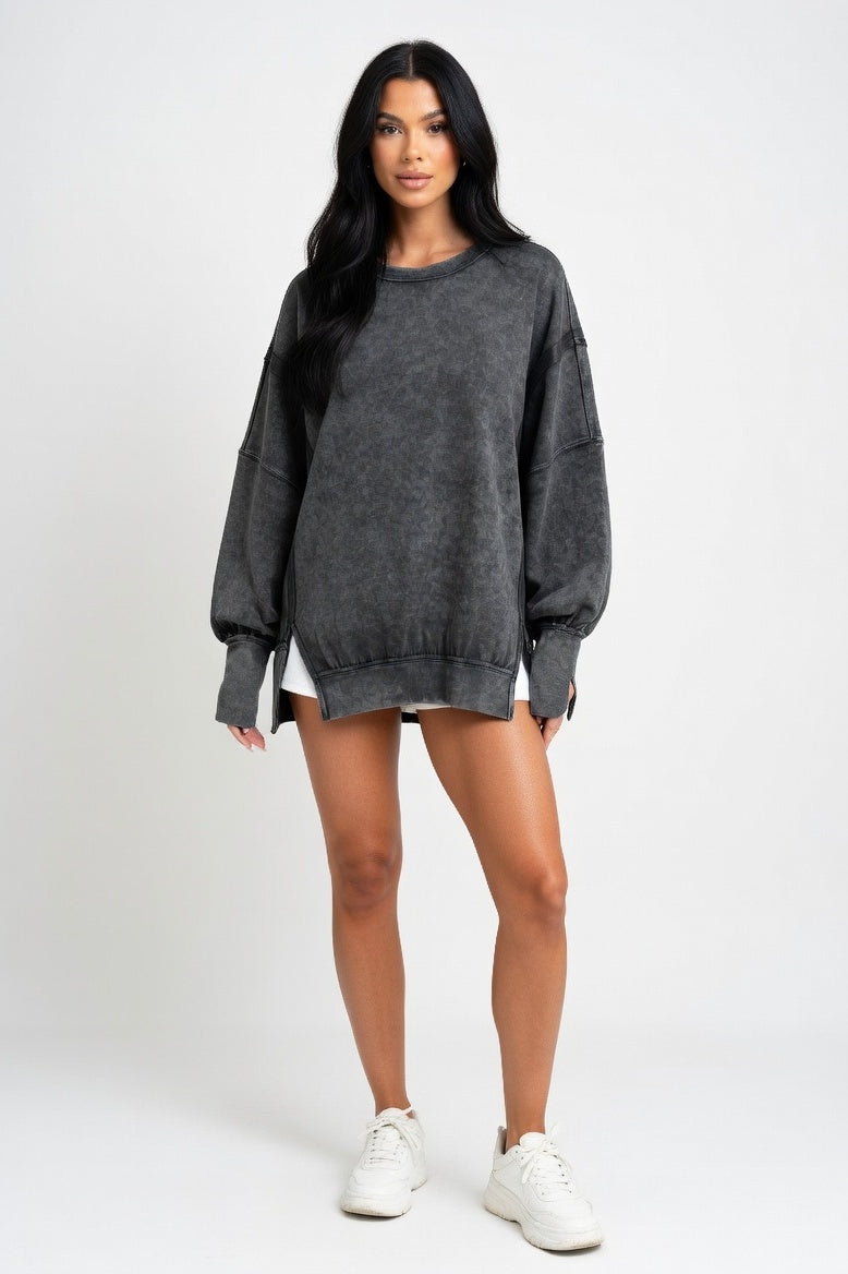 Washed Cotton Sweatshirt with Decorative Line Detail — Washed Dark Grey