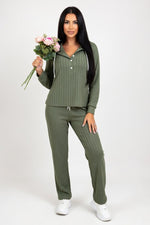 Ribbed Hoodie & Trouser Co-ord Set — Army Green
