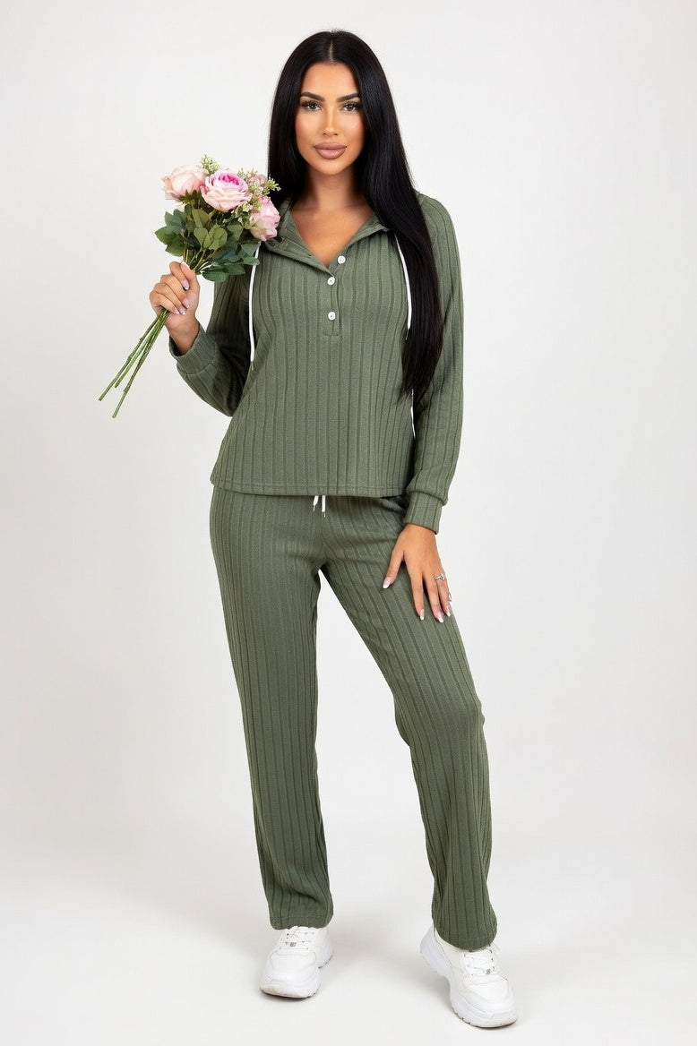 Ribbed Hoodie & Trouser Co-ord Set — Army Green