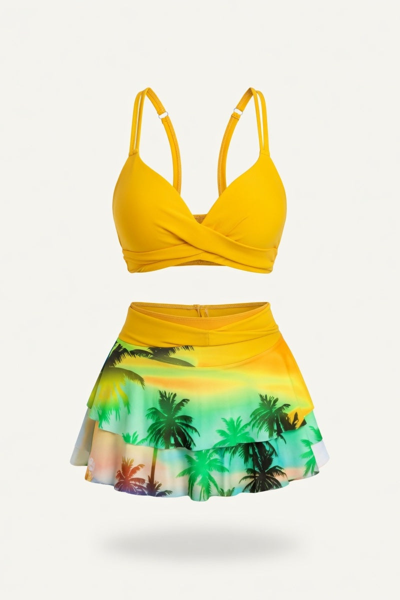 High Waist Ruffle Print Bikini Set — Yellow