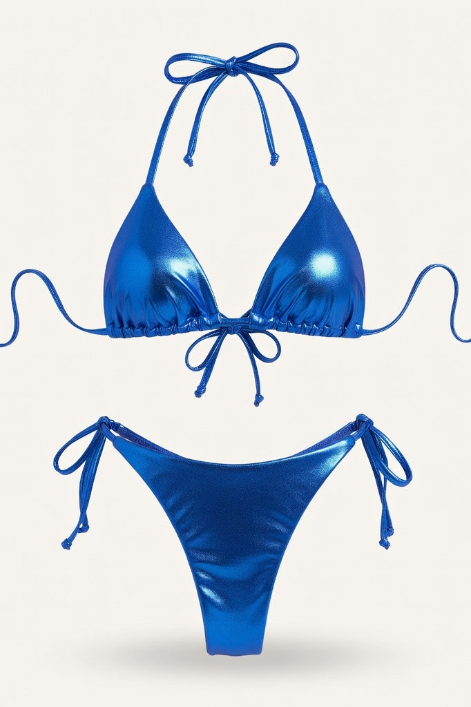 Lace-Up Bikini Set — Blue Gold Foil