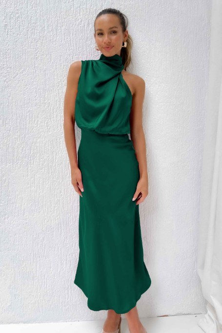 Satin Sleeveless Dress — Dark Green — colour variant