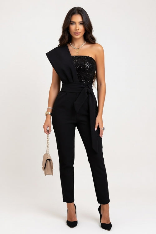 Sequined Sleeveless Jumpsuit — Black Sequin