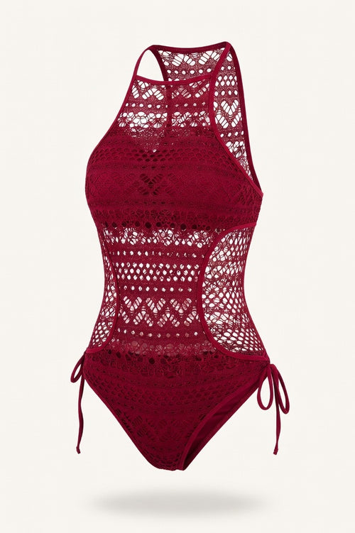 Lace Cut-Out Swimsuit — Dark Red