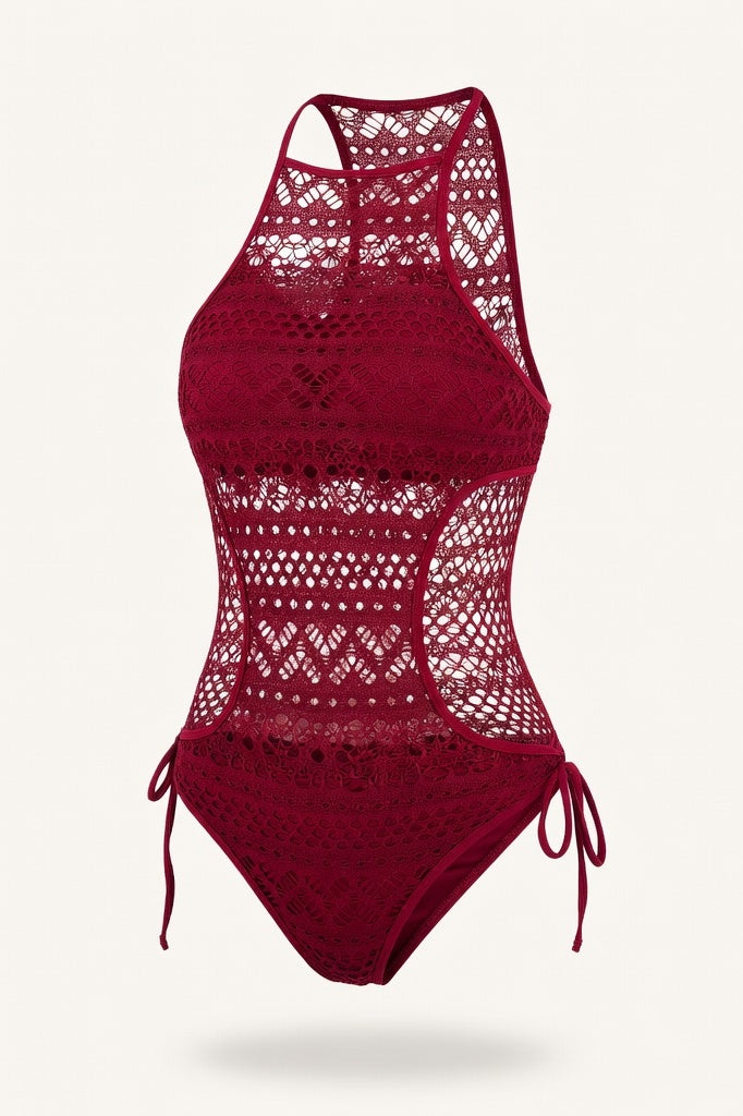 Lace Cut-Out Swimsuit — Dark Red