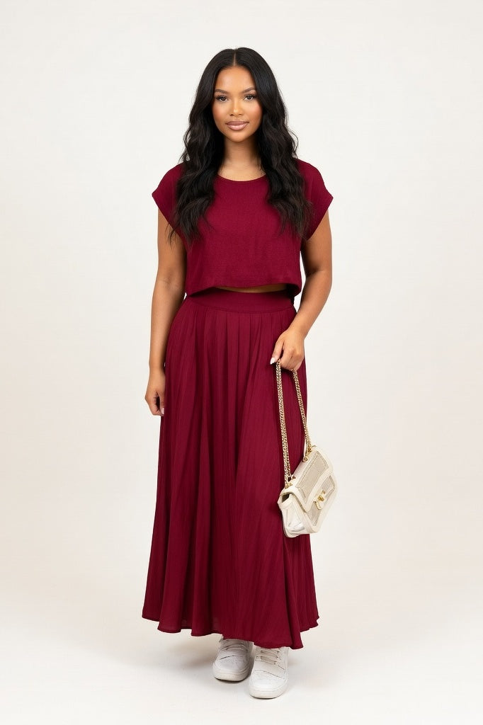 Crop Top & Pleated Midi Skirt Co-ord — Burgundy
