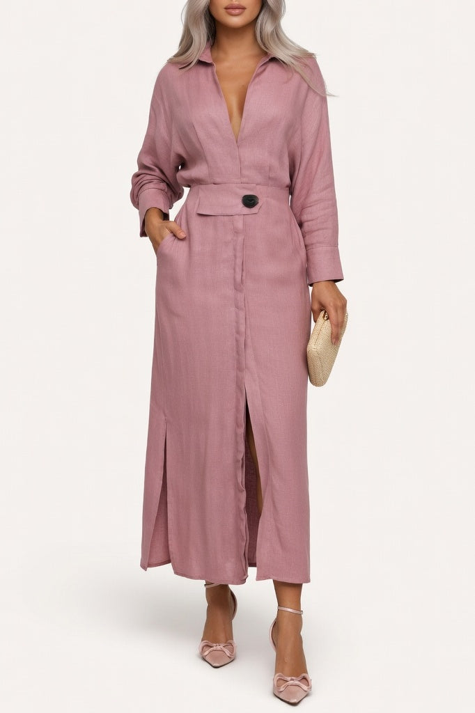 V-Neck Shirt Dress — Pink