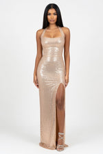 Sequined Halter Slit Dress — Champagne