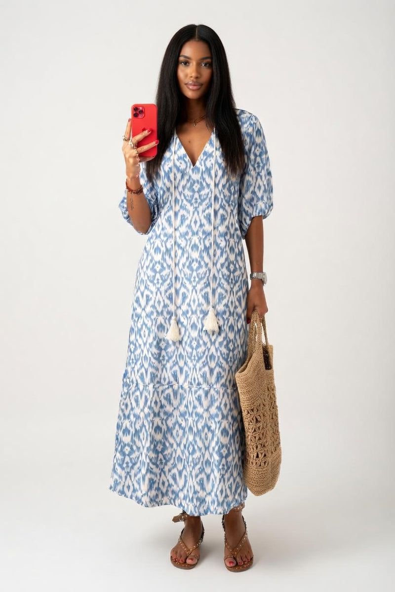 Printed V-Neck Midi Dress — Cream White