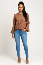 Lace Bell Sleeve Top — Coffee Brown