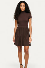 Pleated Midi Dress — Coffee Brown