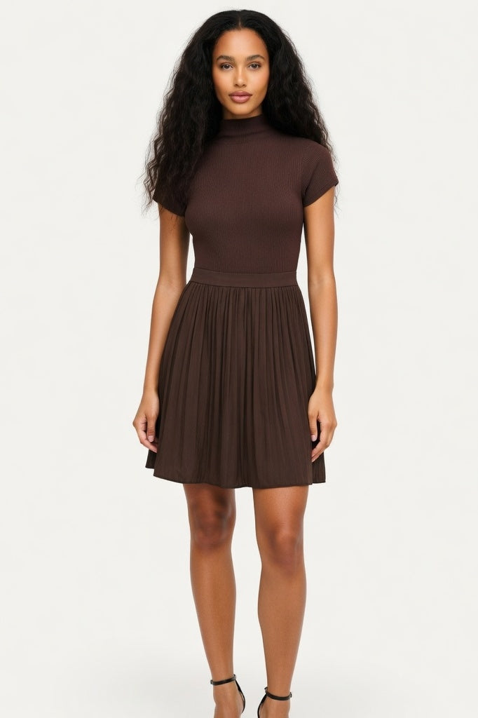 Pleated Midi Dress — Coffee Brown