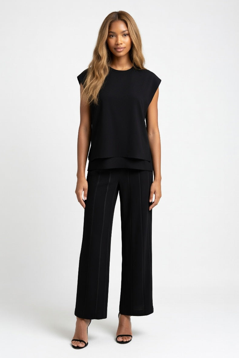 Knitted Co-ord Set Sleeveless Vest + Wide Leg Trousers — Black