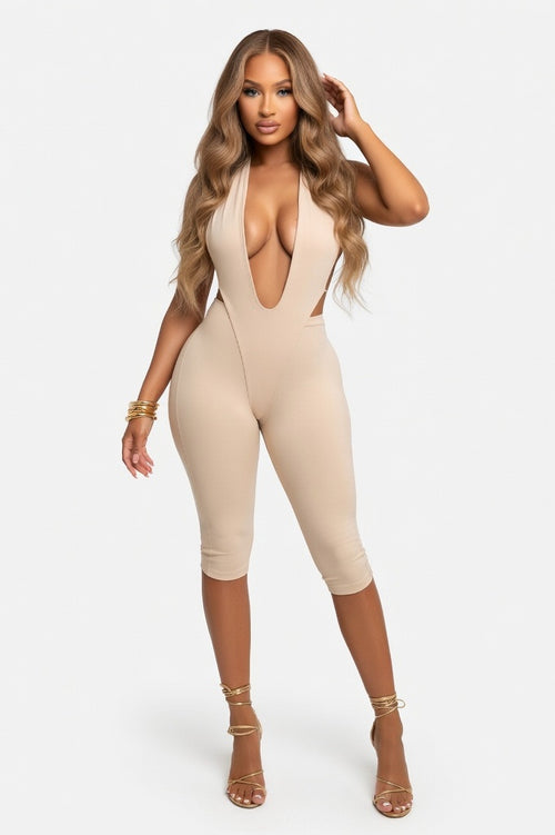 Plunge Neck Bodycon Jumpsuit — Apricot