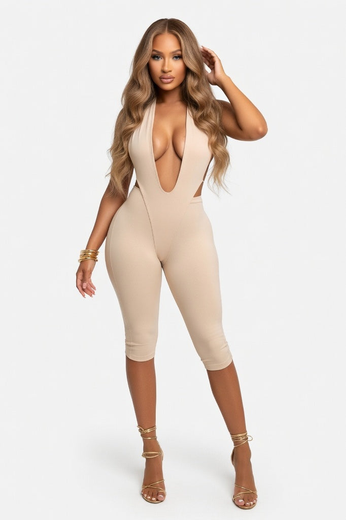 Plunge Neck Bodycon Jumpsuit — Apricot