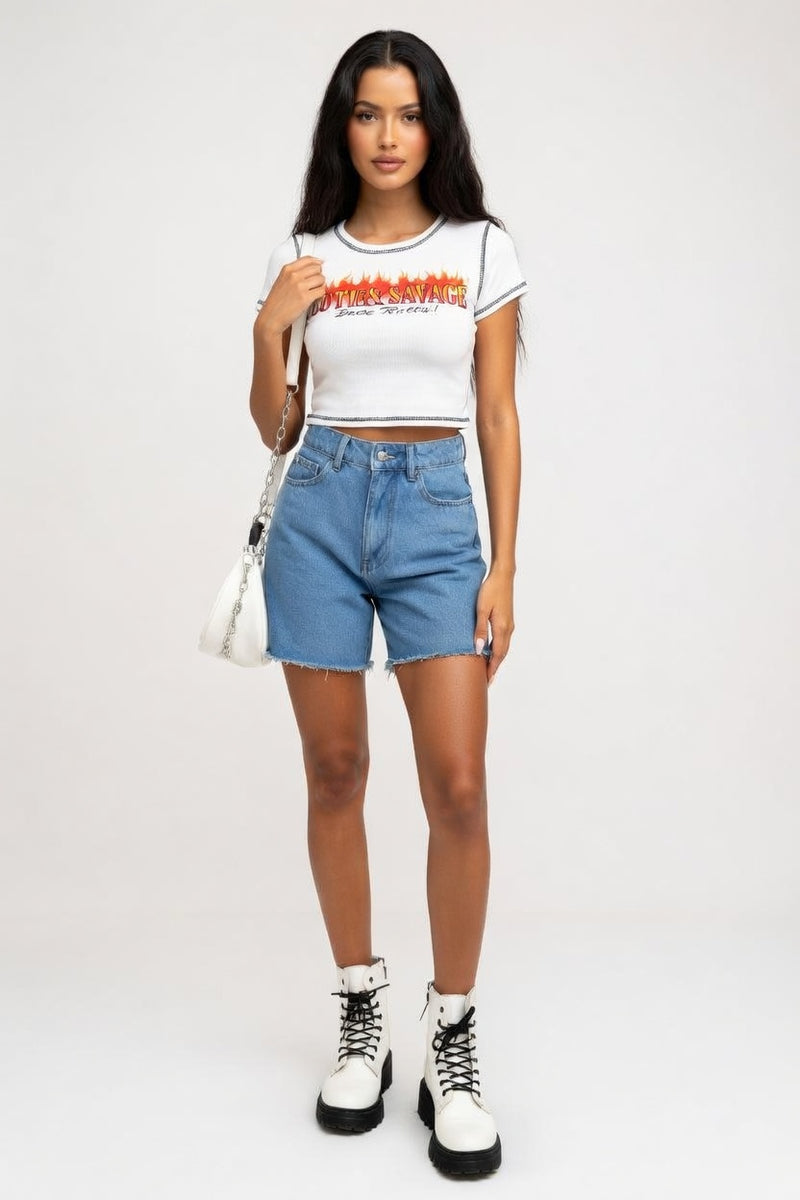 High Waist Denim Shorts — Blue White