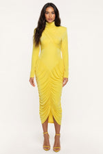 High Neck Backless Pleated Dress — Yellow