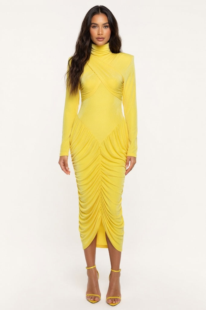 High Neck Backless Pleated Dress — Yellow