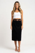 Belted Denim A-Line Skirt — Black