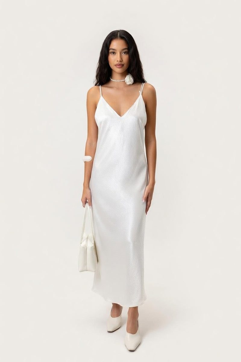 Satin V-Neck Lace Splice Dress — front view
