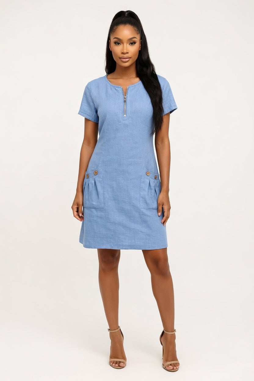 Zip Front Mini Dress — Light Blue