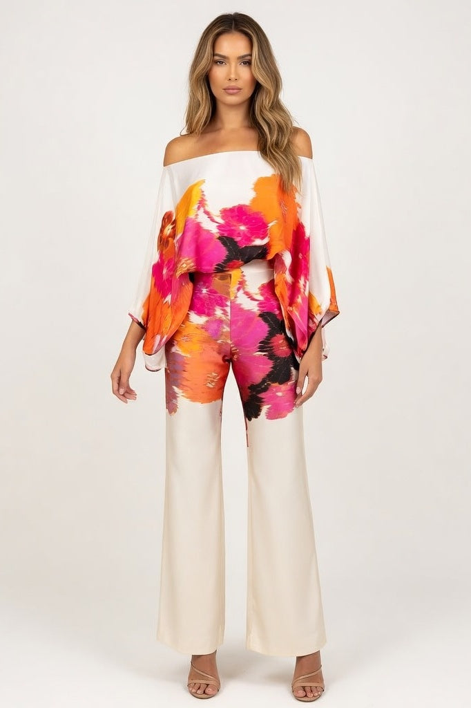 Printed Off-Shoulder Wide Leg Co-ord Set — Orange Print