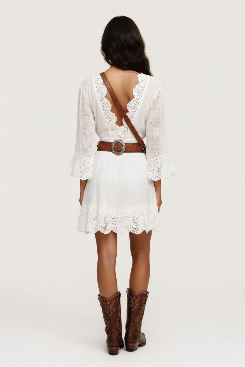 Lace Trim Bell Sleeve Midi Dress — back view