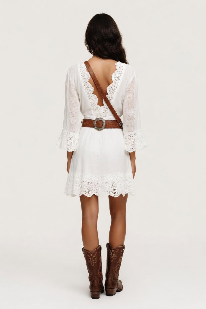 Lace Trim Bell Sleeve Midi Dress — back view