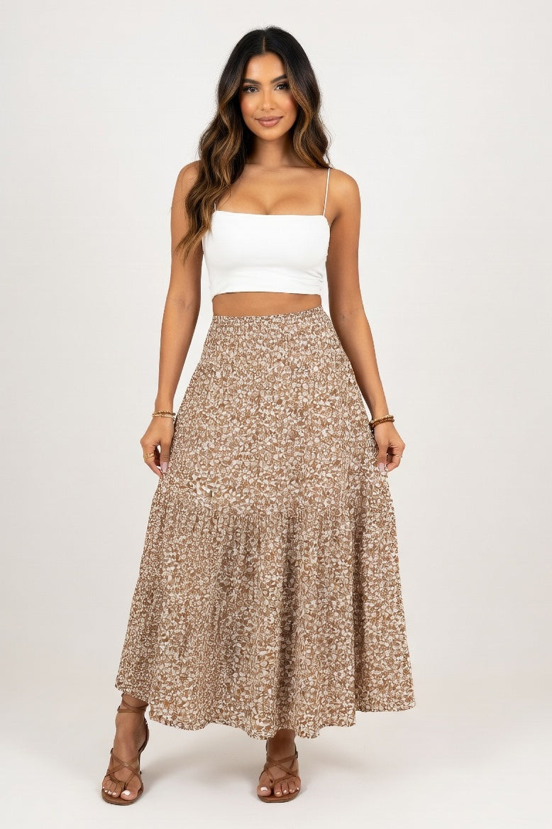 Floral A-Line Midi Skirt — Khaki Floral