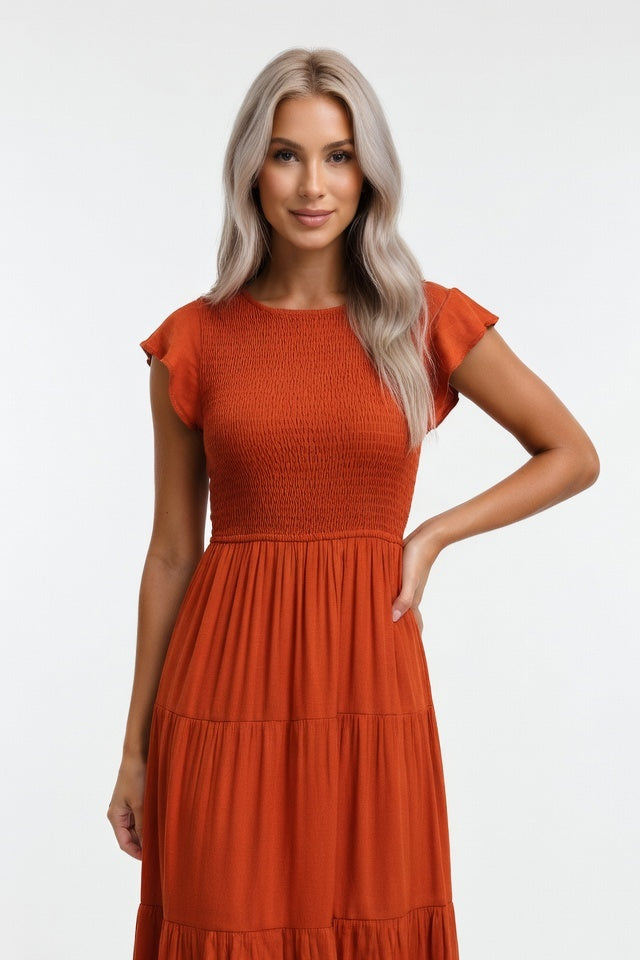 Pleated Short Sleeve Dress — Orange