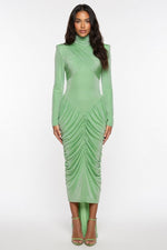 High Neck Backless Pleated Dress — Green