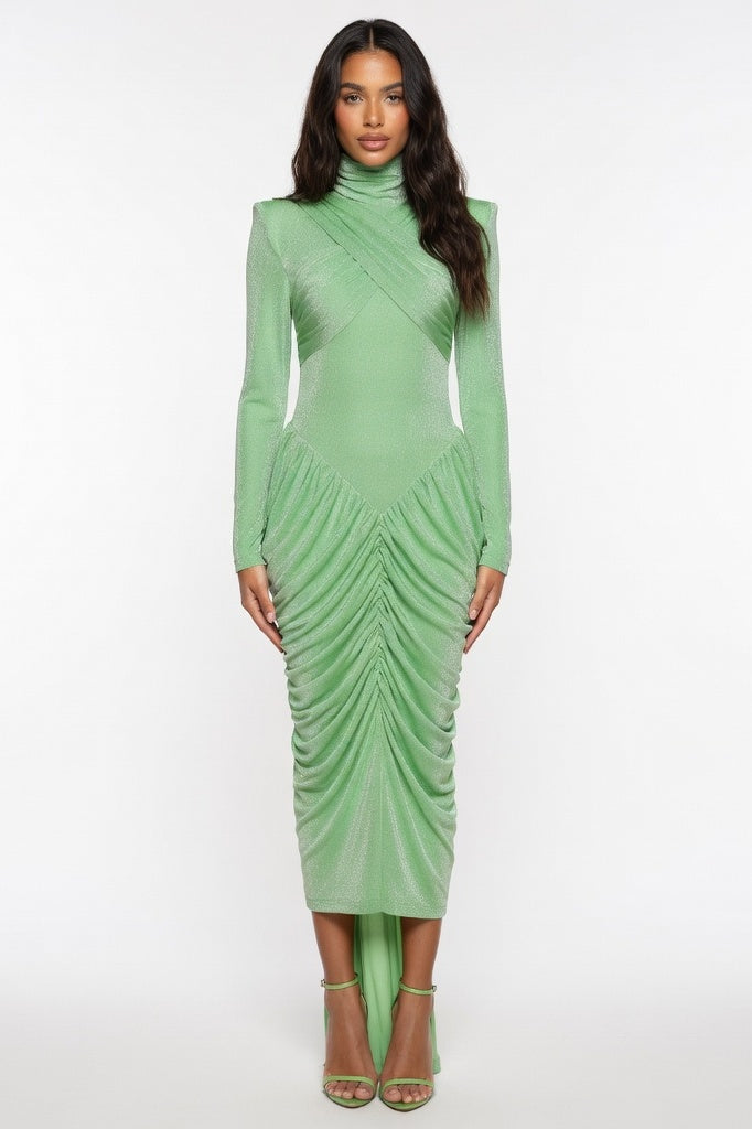 High Neck Backless Pleated Dress — Green