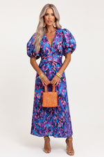 Printed V-Neck Bodycon Dress — Blue